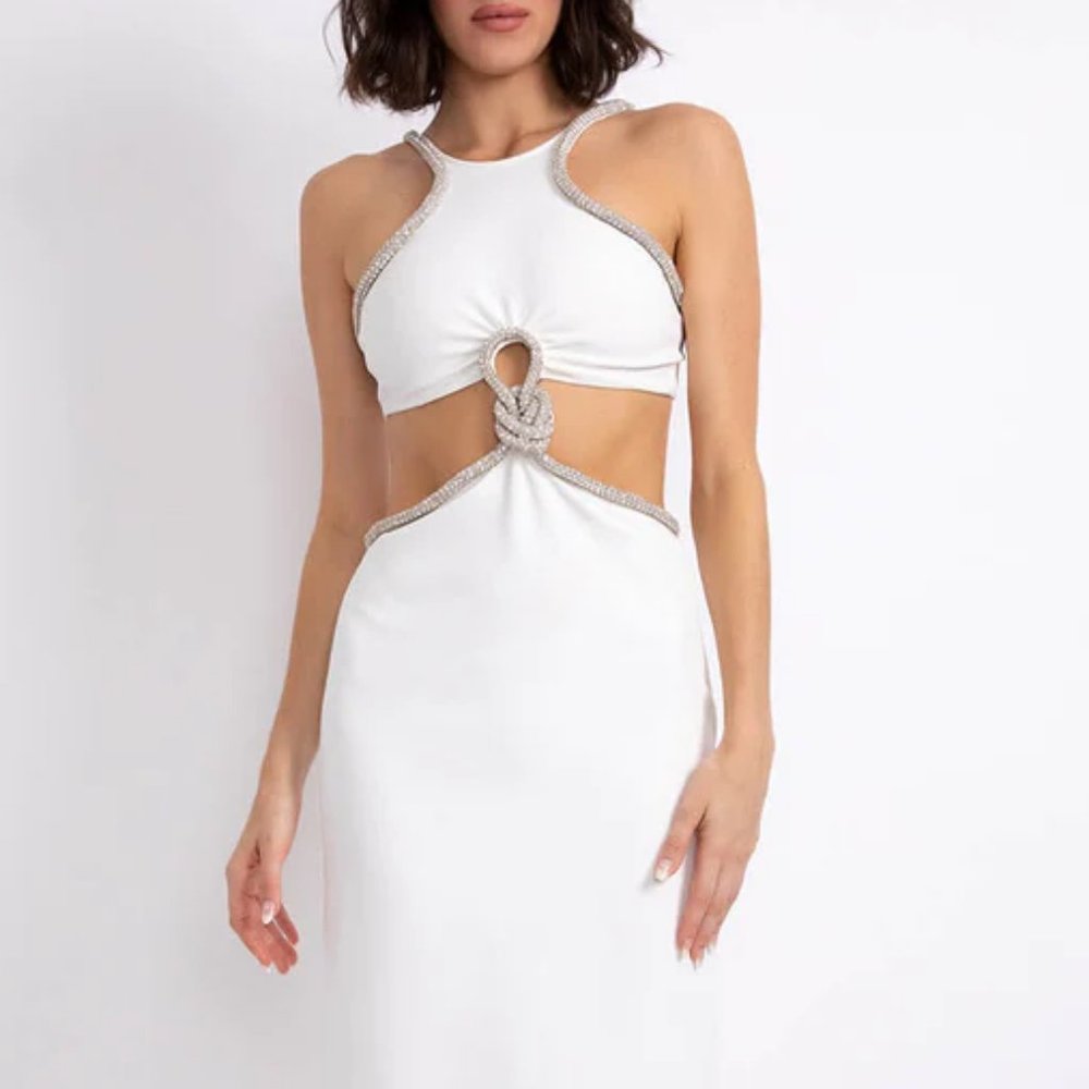 NWT$750 PatBO Rhinestone Trim Cut-Out Fitted Midi-Dress Back Slit sz 0/32 XS